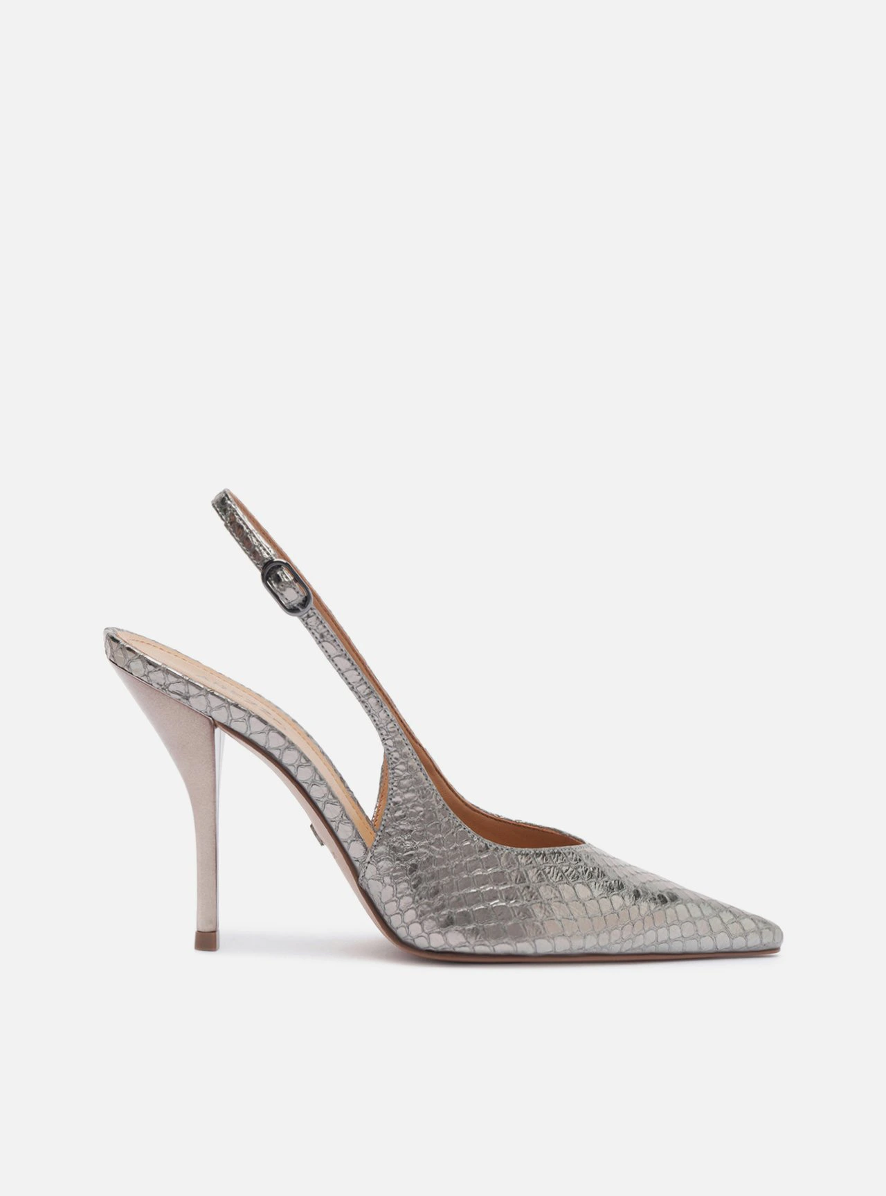 Scarpin Prateado Couro Salto Fino Slingback