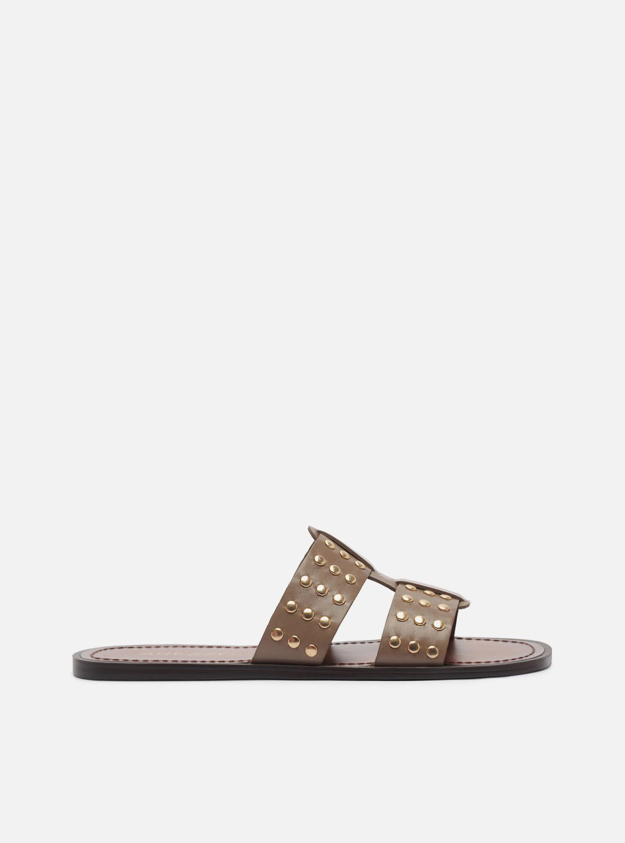 Sandália Rasteira Cinza Couro Studs