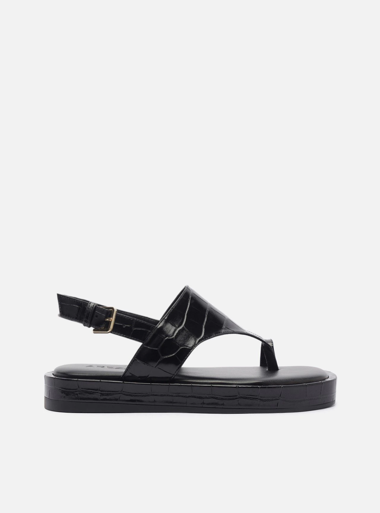 Sandália Flatform Preta Croco Tira Larga