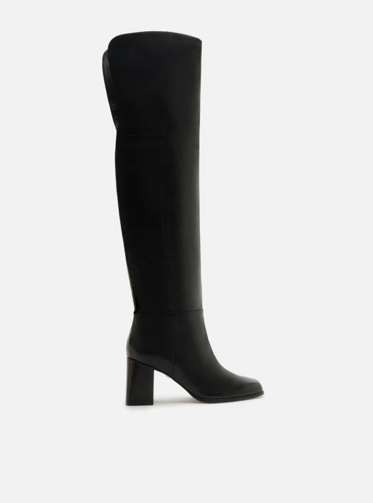 Bota Over The Knee Preta Couro Salto Bloco Recorte