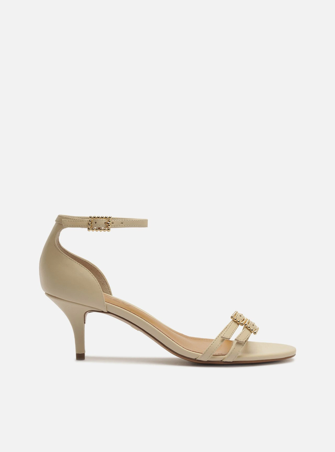 Sandália Off White Couro Salto Fino Fivela Pedraria