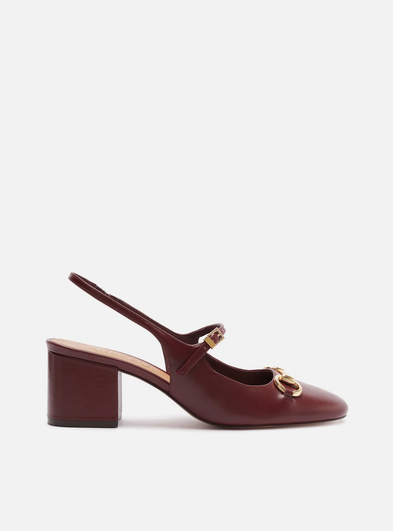 Scarpin Vermelha Couro Salto Bloco Bridão Slingback