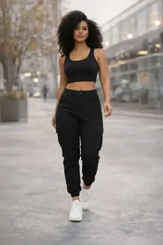 Calça Cargo Jogger Jeans Feminina Cintura Alta Com Lycra
