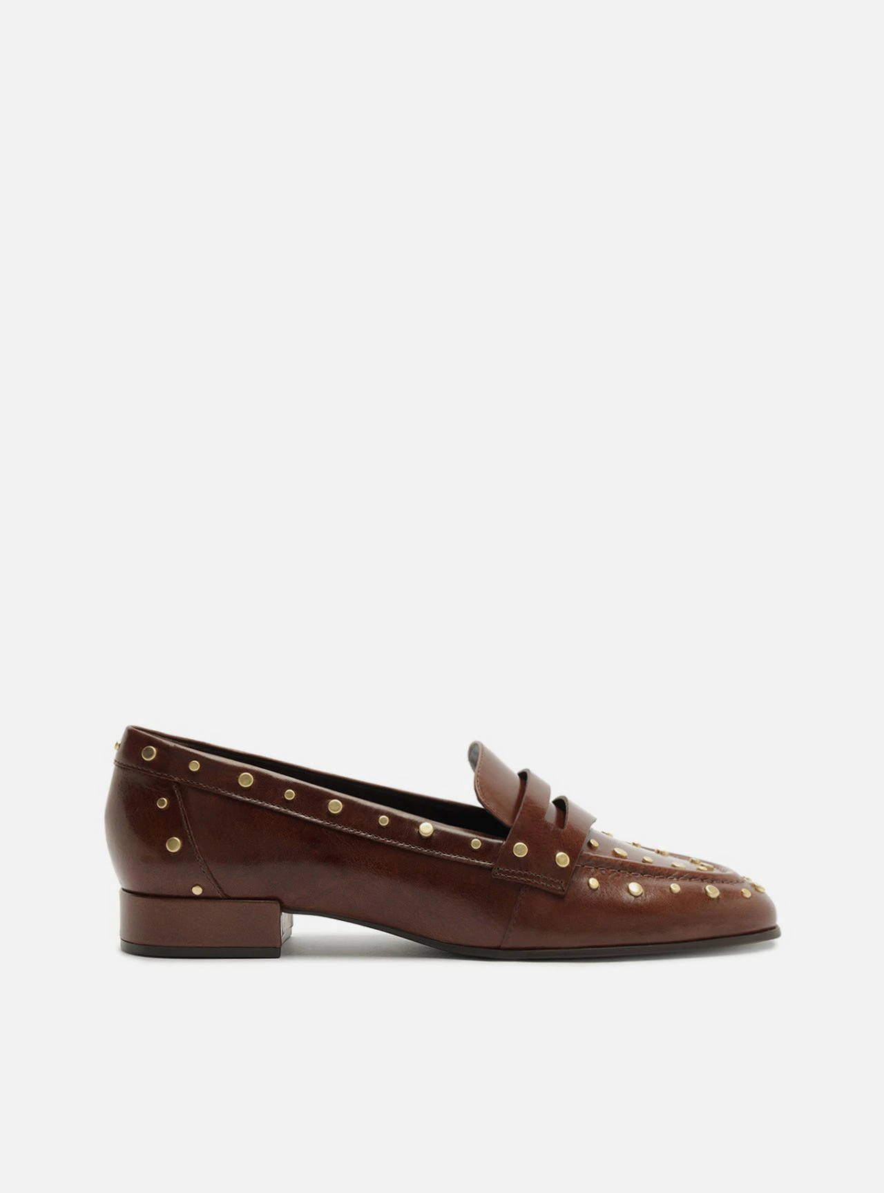 Mocassim Marrom Couro Salto Bloco Tachas