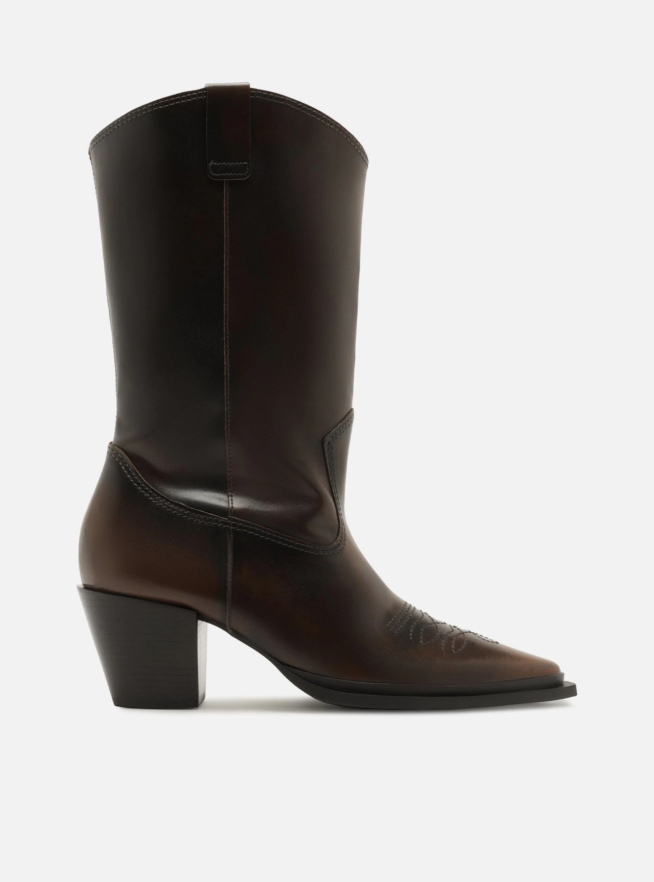 Bota Bico Fino Marrom Cano Médio Salto Bloco