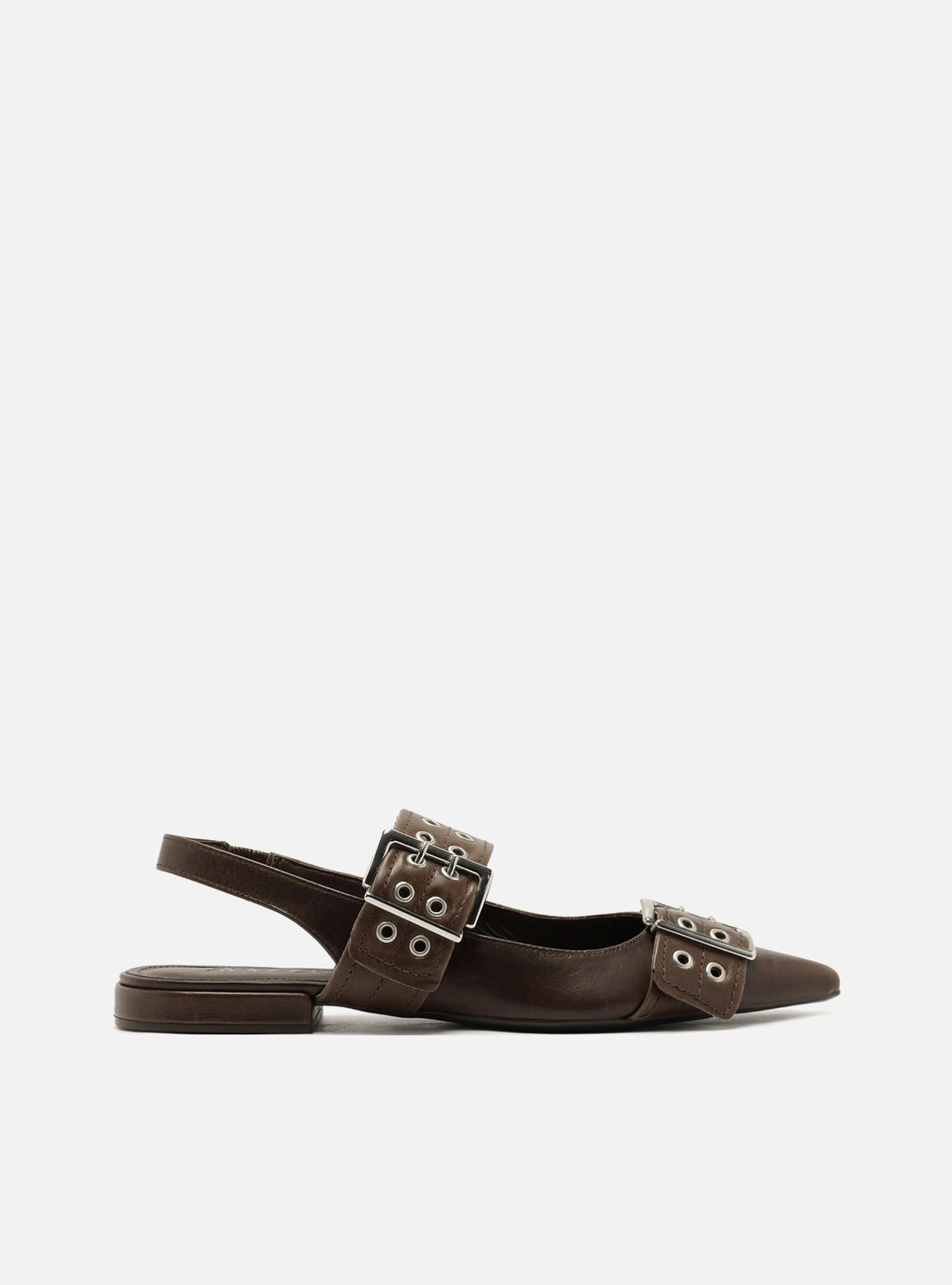 Sapatilha Marrom Couro Bico Fino Metais Slingback