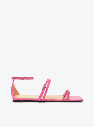 Sandália Rasteira Rosa Neon Bico Quadrado Tiras