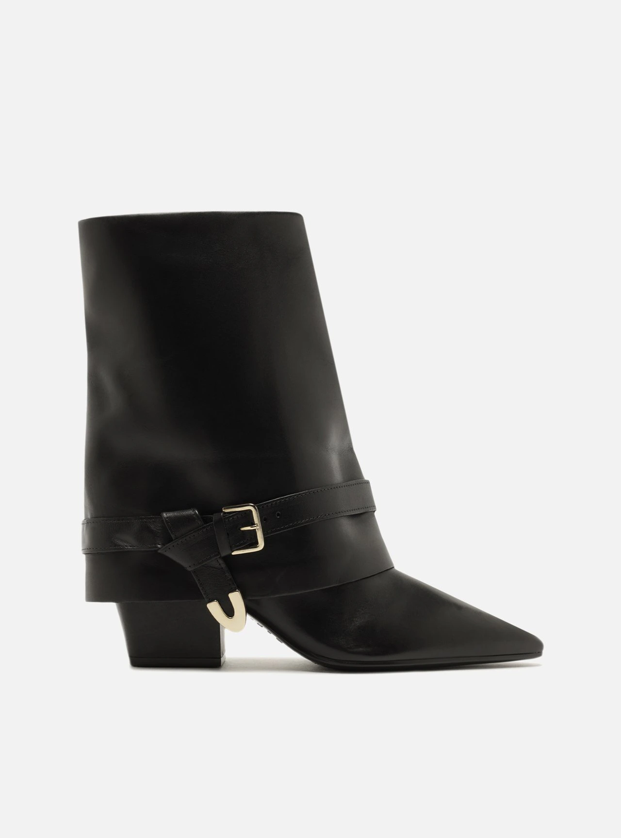 Bota Preta Couro Cano Médio Salto Bloco