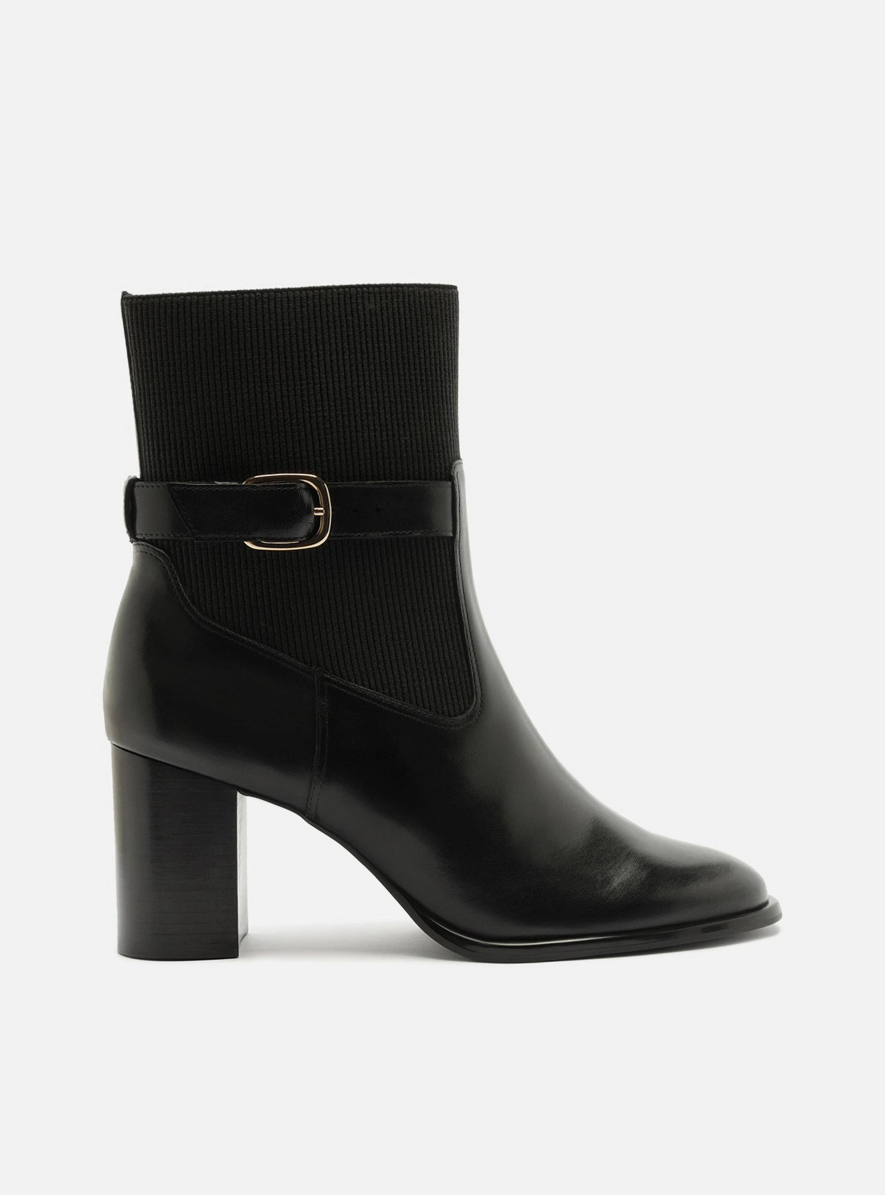 Bota Preta Couro Cano Médio Salto Bloco