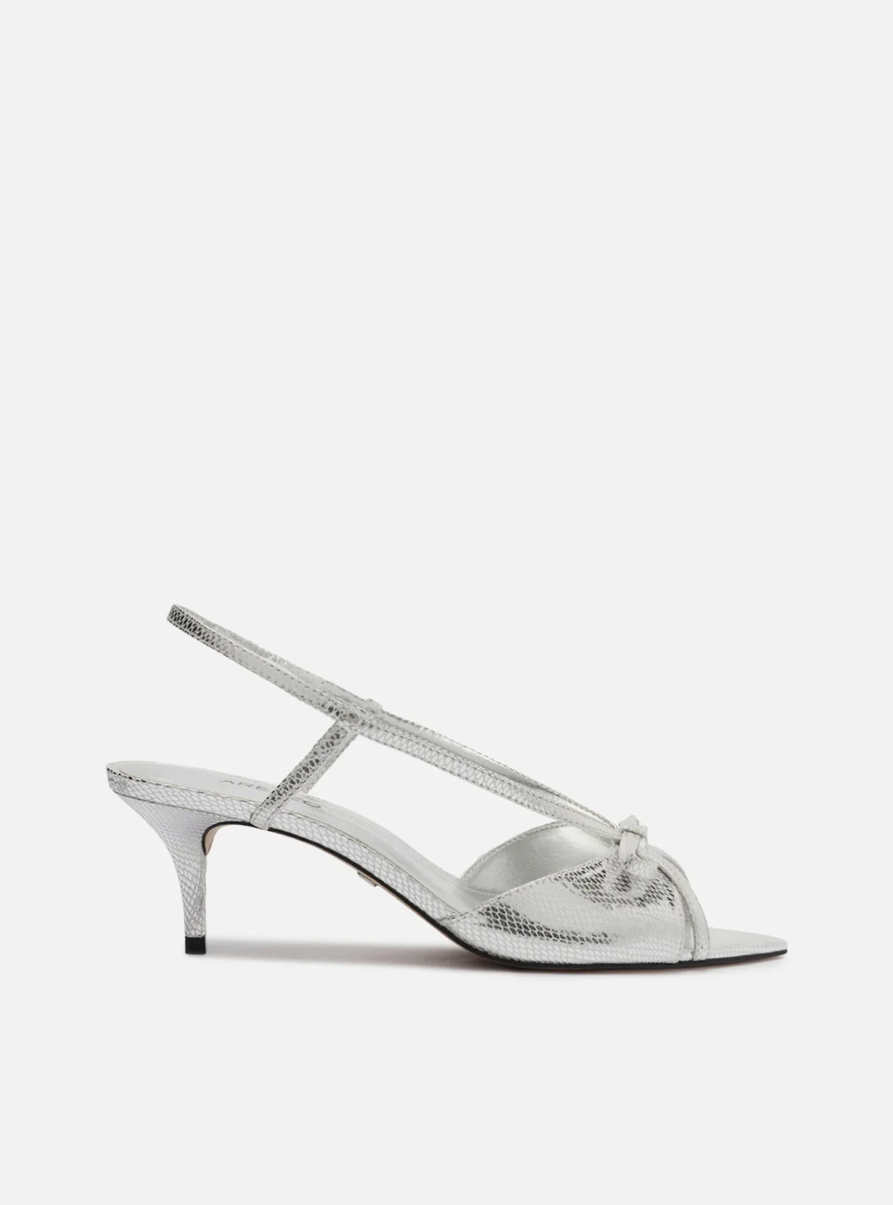 Sandália Prateada Salto Fino Slingback Snake Laço