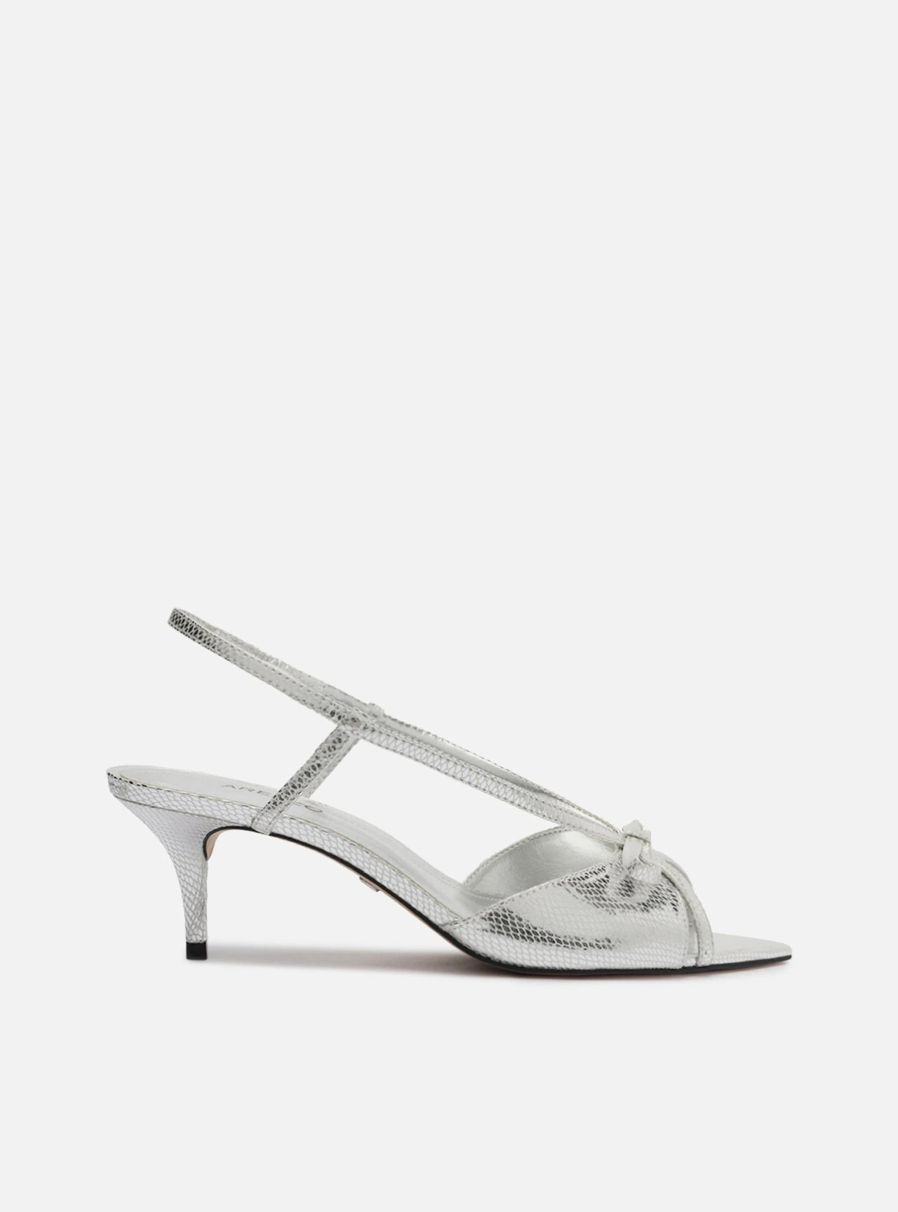 Sandália Prateada Salto Fino Slingback Snake Laço