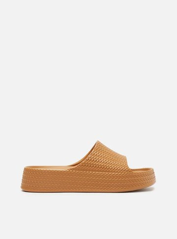 Slide Marrom Camel Tressê Flatform Tira