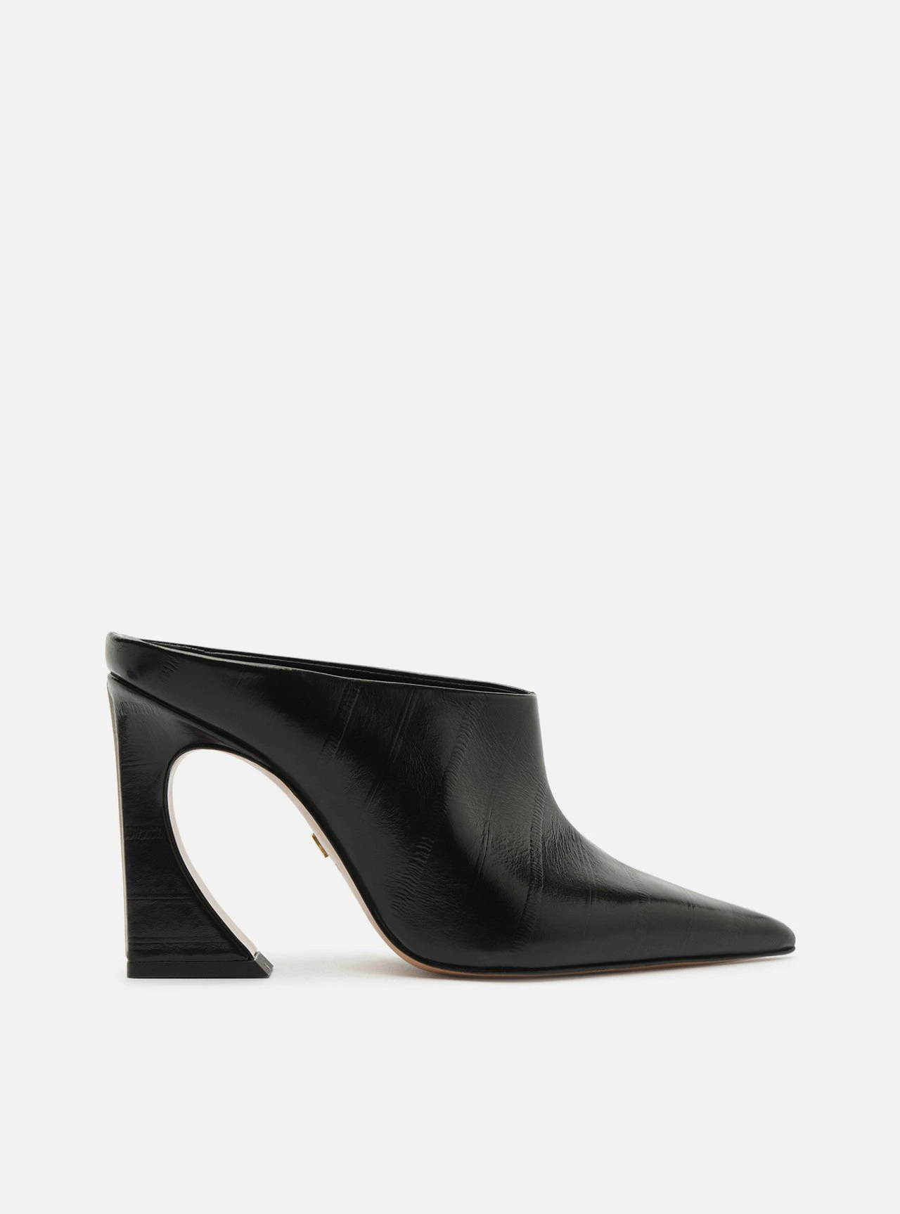 Mule Preta Couro Textura Salto Alto Flare