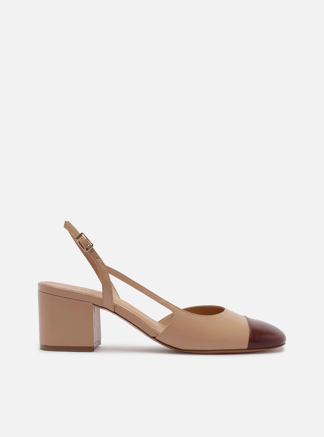 Scarpin Rosa Claro Couro Bloco Slingback Cap Toe Bordô