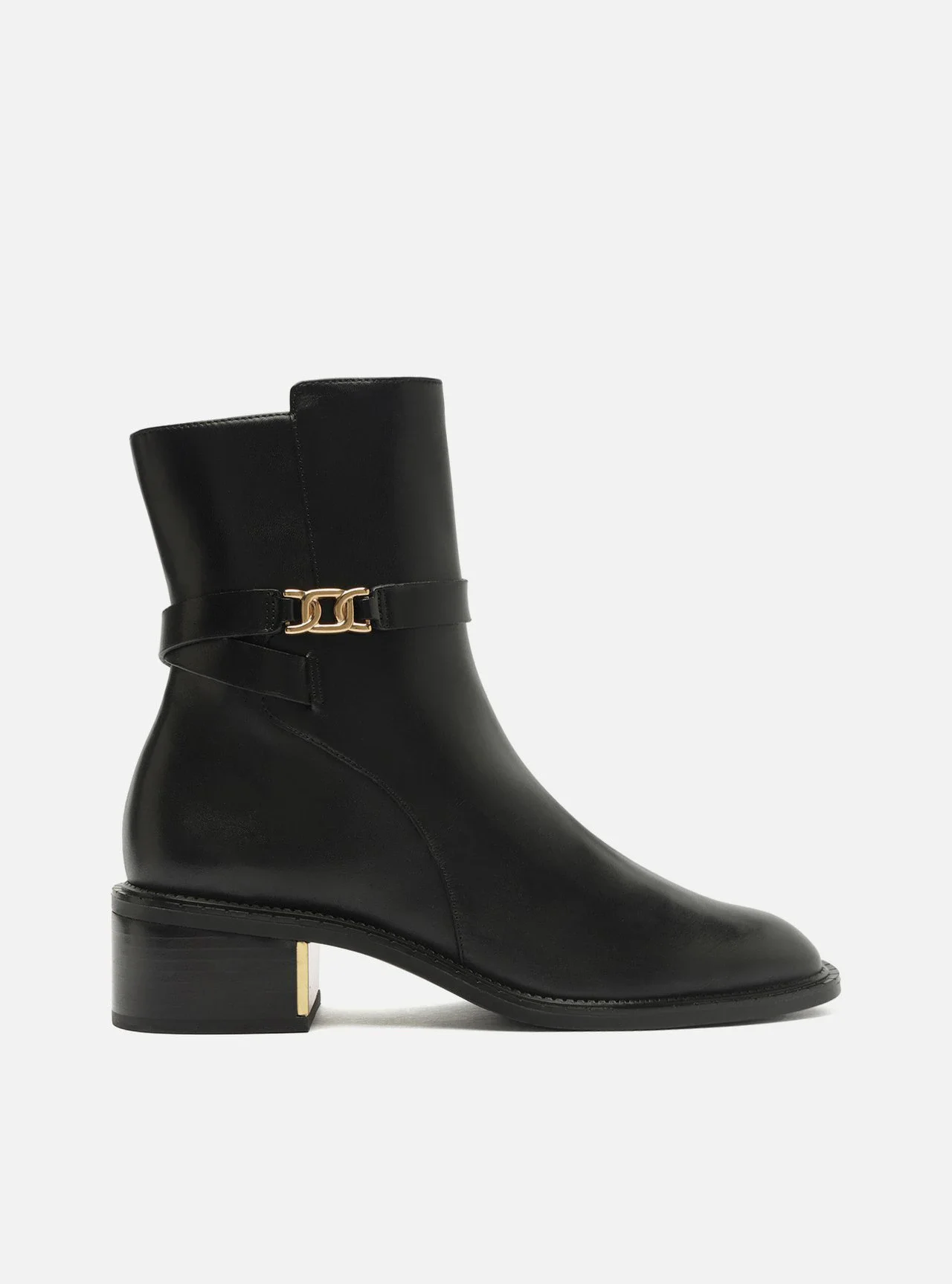 Bota Preta Couro Cano Curto Tira Metal