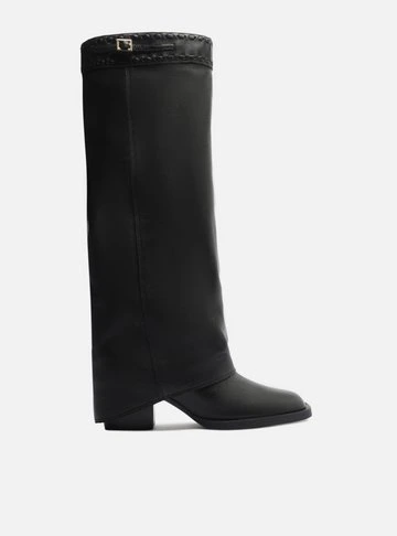 Bota Preta Couro Cano Longo Polaina Folk