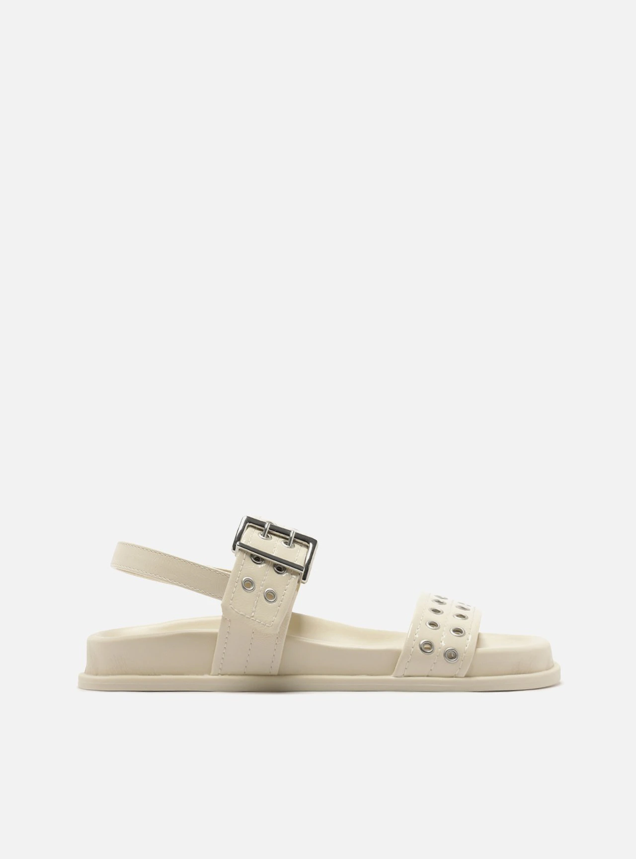 Sandália Rasteira Off White Bico Redondo Fivela Metais