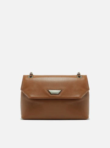 Bolsa Tiracolo Marrom Couro Média Lapela Metal