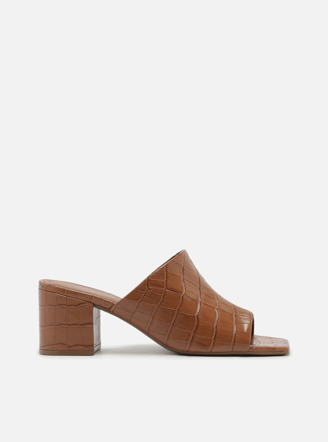 Sandália Caramelo Salto Bloco Croco Mule