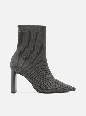 Bota Skinny Cinza Knit Cano Médio Salto Bloco