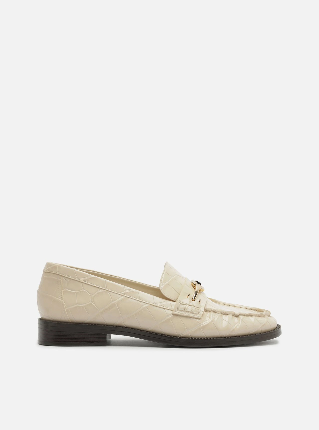 Mocassim Branco Couro Salto Bloco Croco Bridão