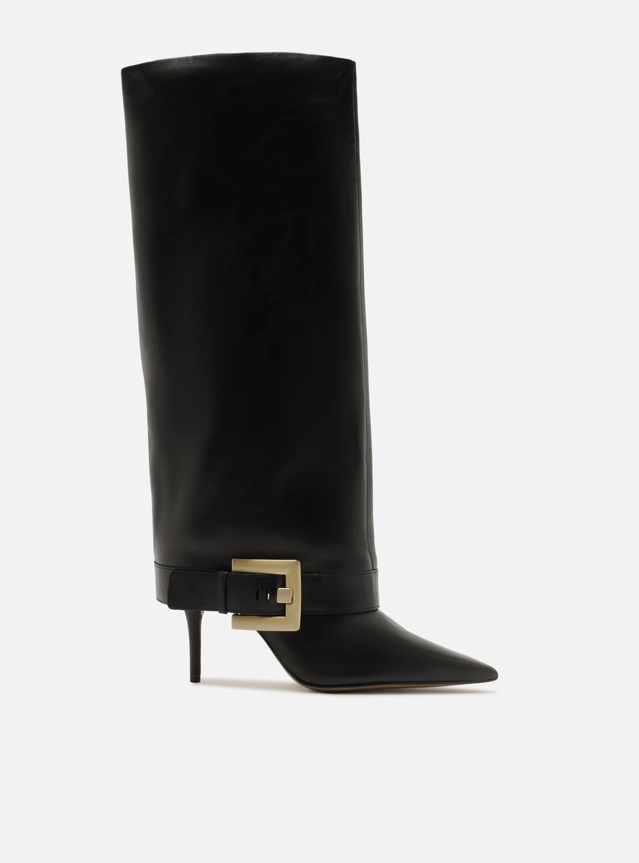 Bota Preta Cano Longo Polaina Bico Fino Fivela Dourada