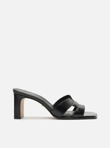 Mule Preto Couro Bloco Bico Quadrado