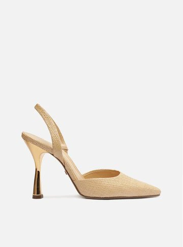 Scarpin Nude Tecido Bico Fino Aberto Tira