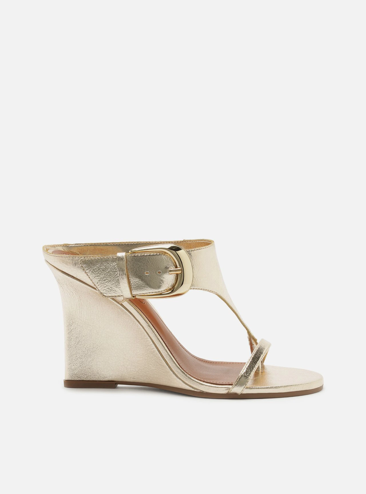 Sandália Dourada Couro Anabela Tira Thong Maxi Fivela
