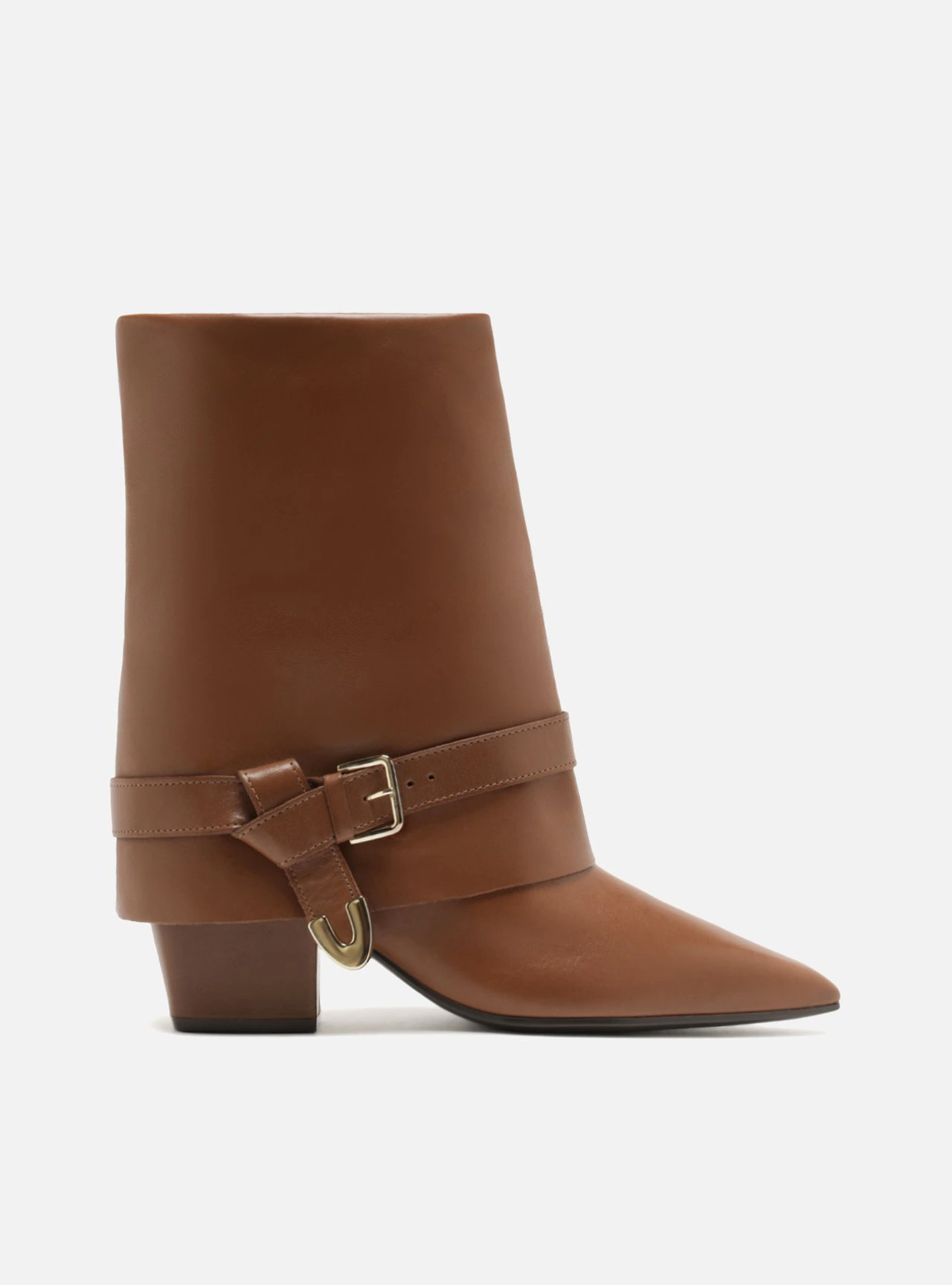 Bota Marrom Couro Cano Médio Salto Bloco