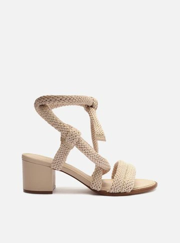 Sandália Off-White Salto Médio Tiras Cordão