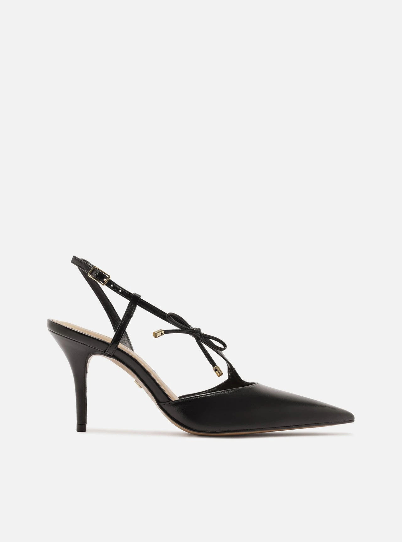 Scarpin Preto Couro Slingback Salto Fino Lacinho