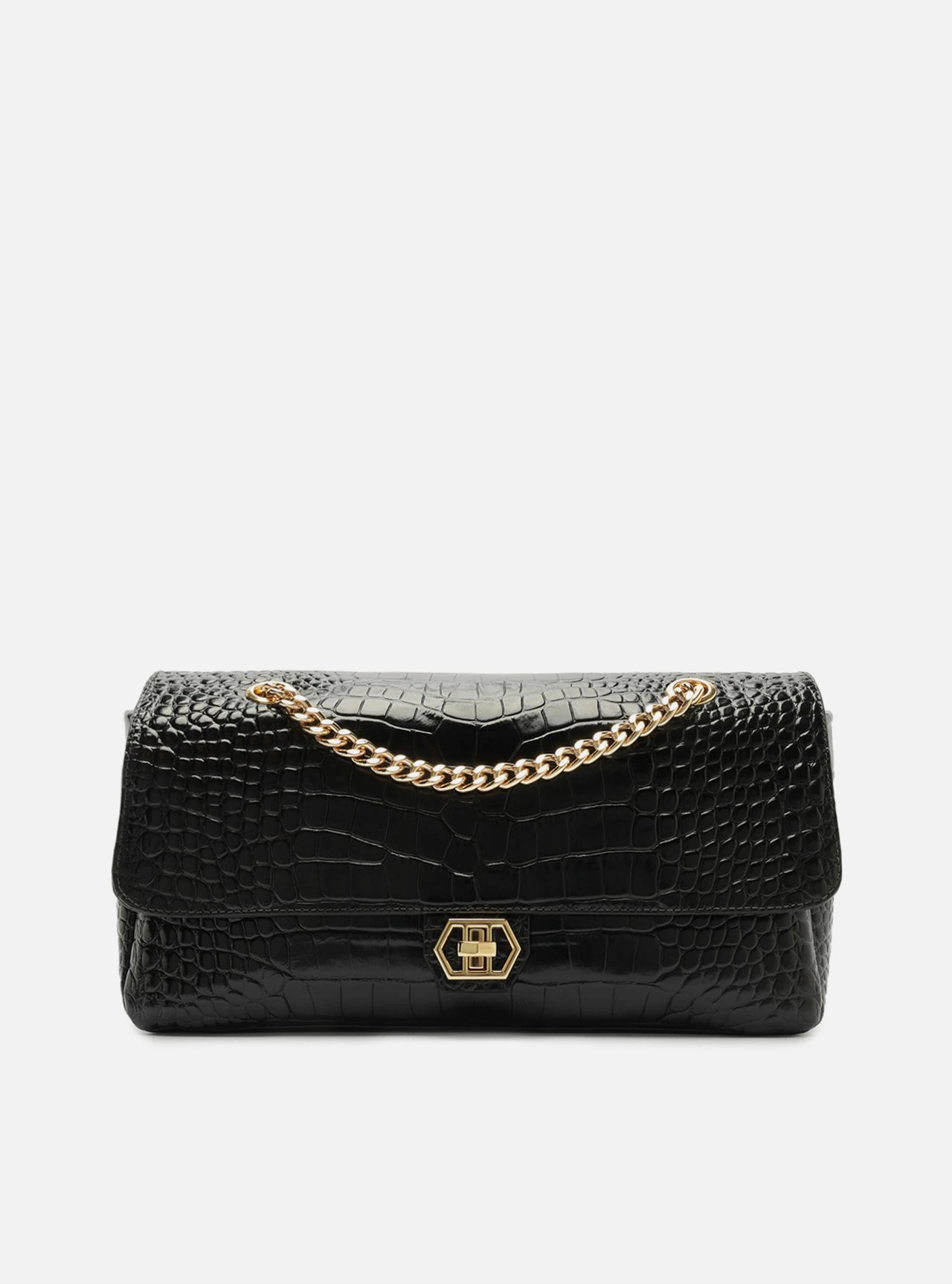Bolsa Tiracolo Preta Couro Grande Croco Corrente