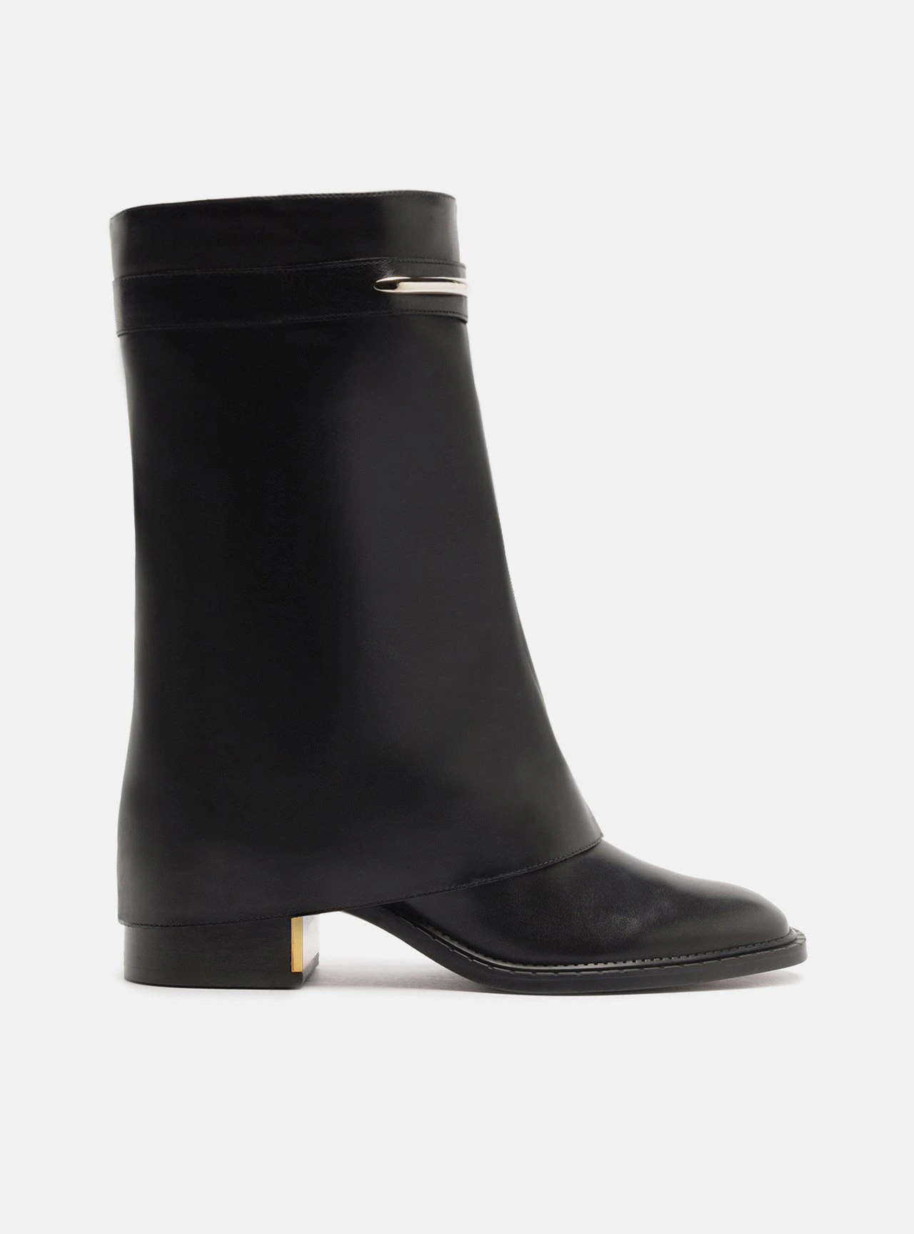Bota Preta Couro Cano Médio Salto Bloco