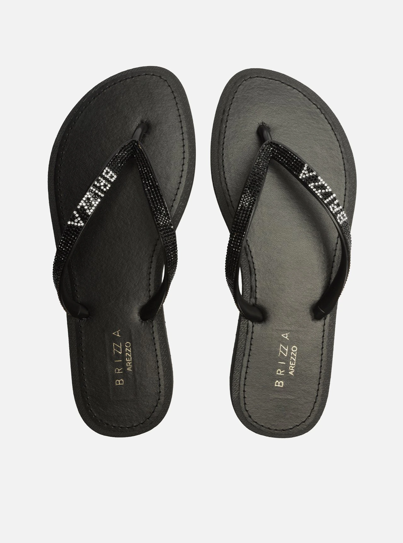 Chinelo de Dedo Preta Couro Strass Brizza
