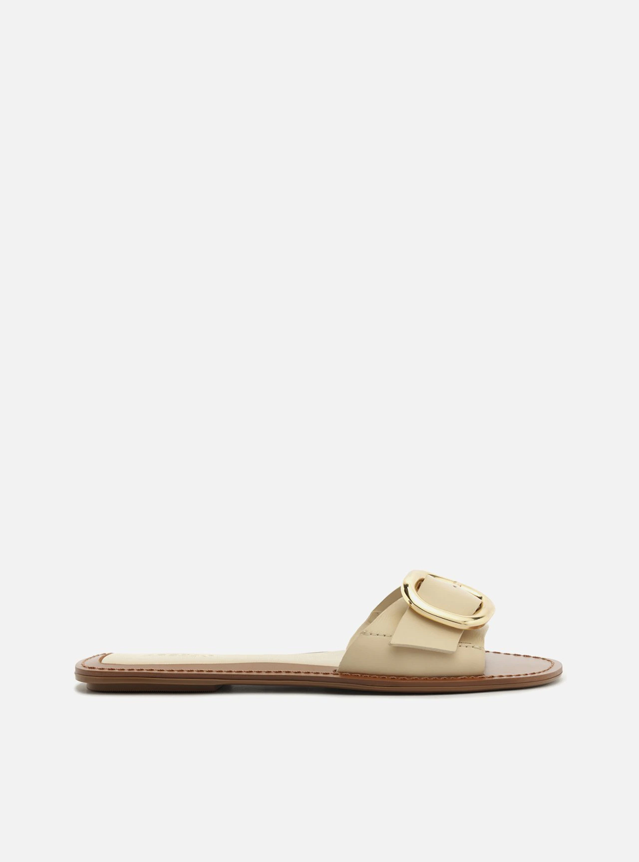 Sandália Rasteira Off White Bico Redondo Fivela