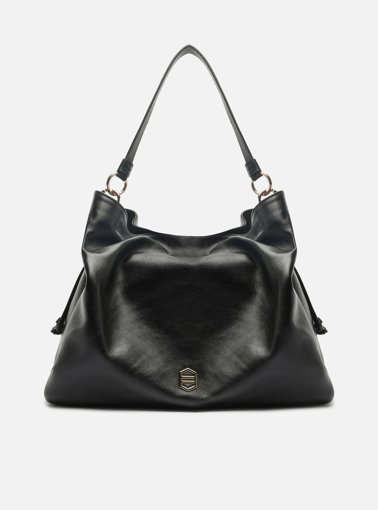 Bolsa Hobo Preta Couro Grande Franzida