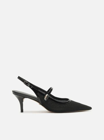 Scarpin Preto Tela Salto Baixo Slingback Tira