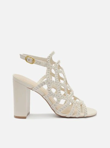 Sandália Off-White Bordada Salto Alto Bloco