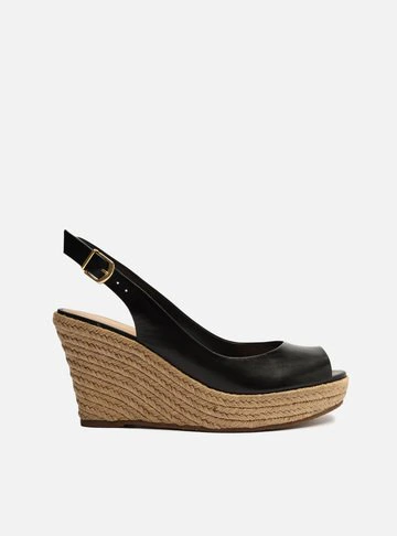 Sandália Preta Couro Plataforma Slingback