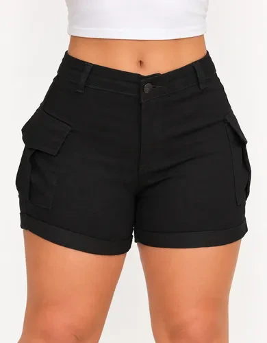 Short Jeans Feminino Cintura Alta Cargo Com Lycra Hot Pants