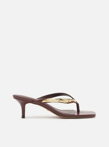 Tamanco Thong Vinho Couro Salto Fino Flip Flop Metal
