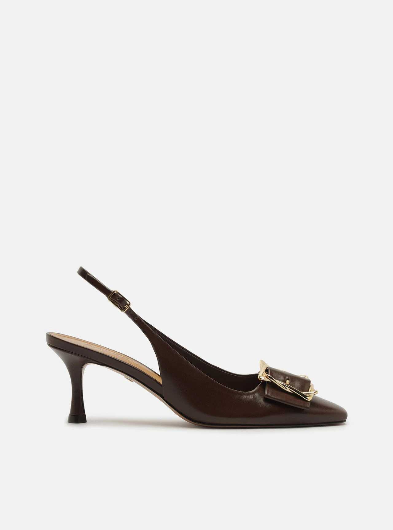 Scarpin Marrom Couro Slingback Salto Médio Fivela