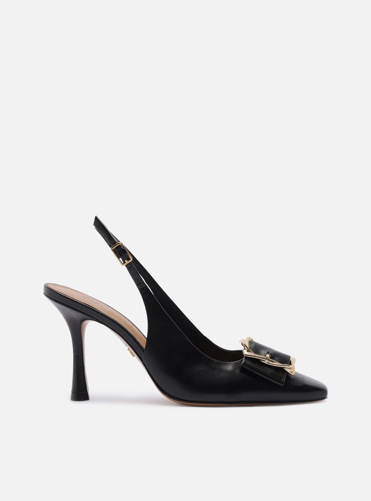 Scarpin Preto Couro Slingback Salto Alto Fivela