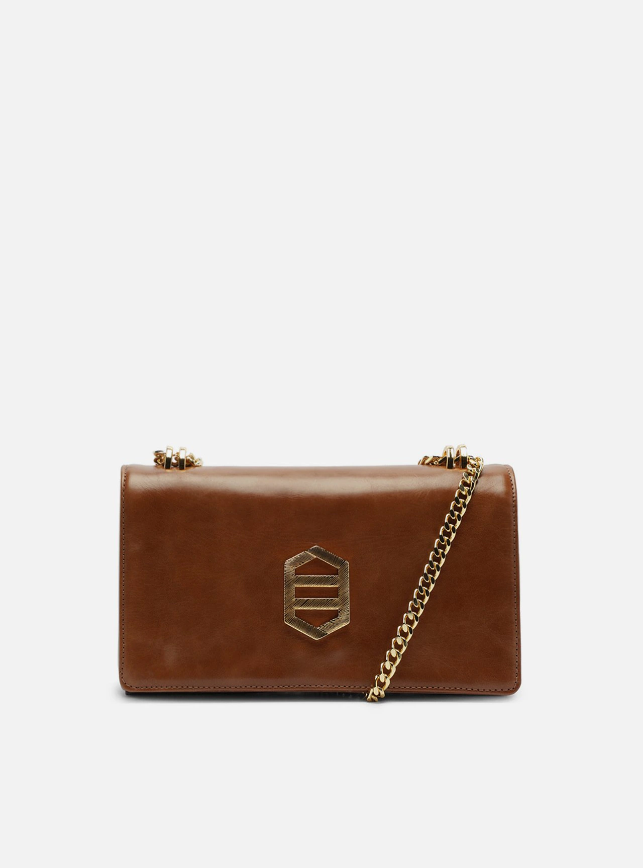 Bolsa Tiracolo Caramelo Couro Média Metal Dourado