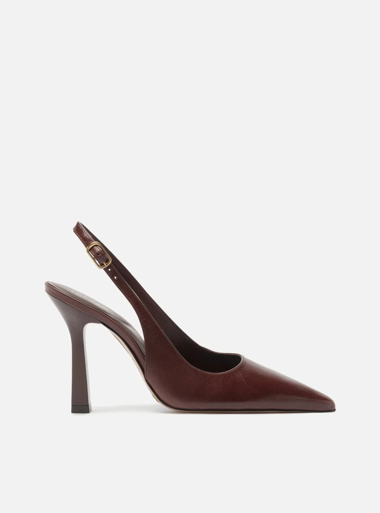 Scarpin Marrom Couro Salto Fino Fivela Slingback