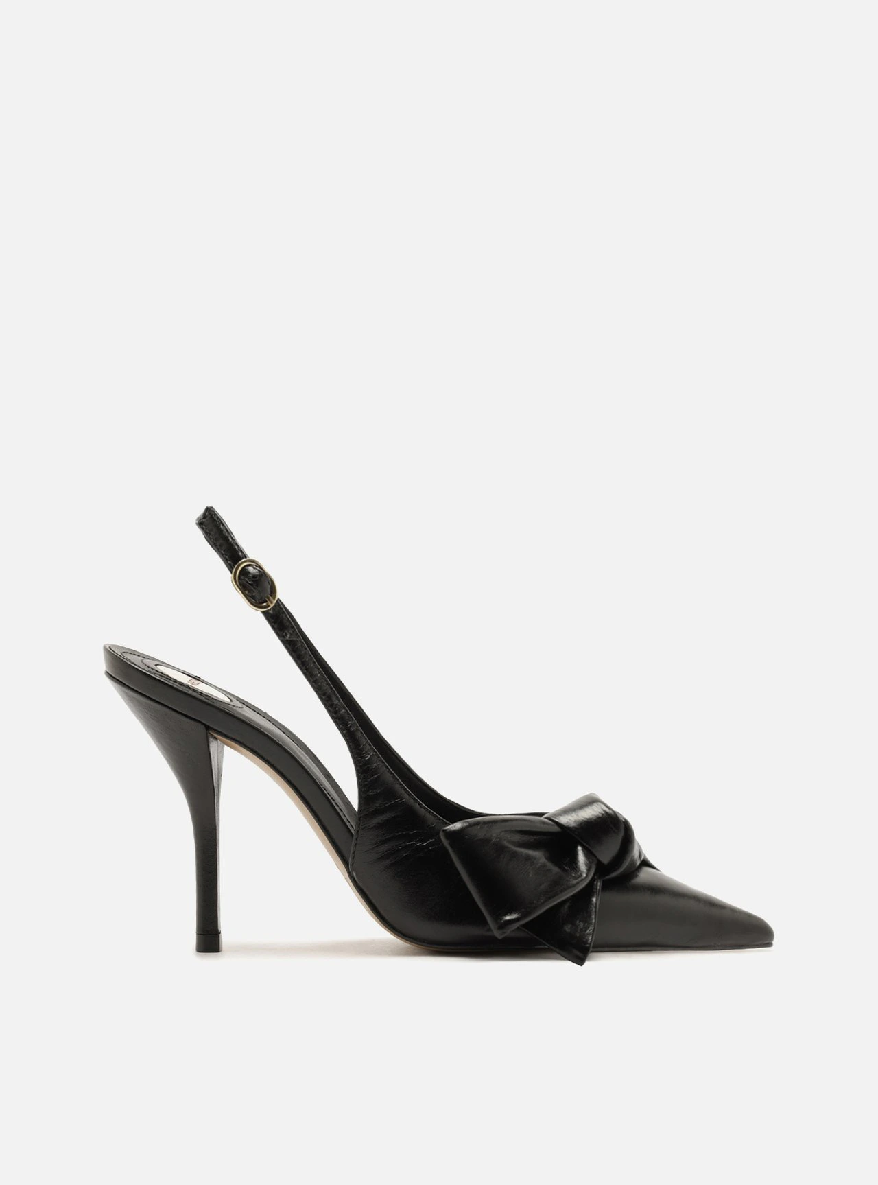 Scarpin Preto Couro Salto Fino Laço Slingback