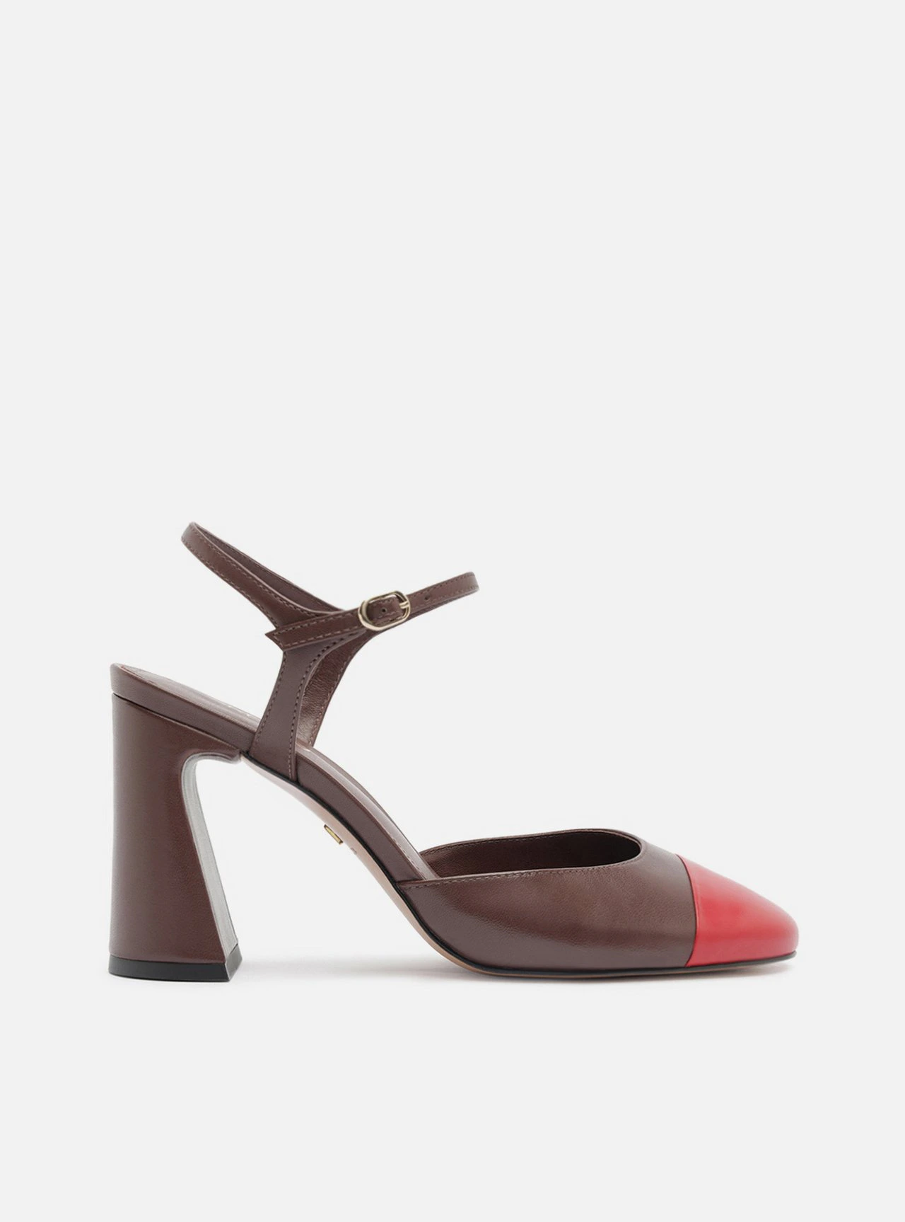 Scarpin Marrom Couro Salto Bloco Fivela Slingback