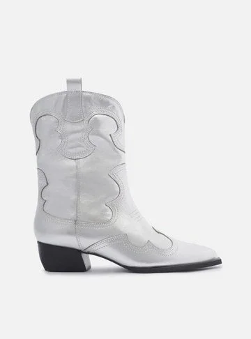 Bota Prata Couro Cano Curto Western Folk