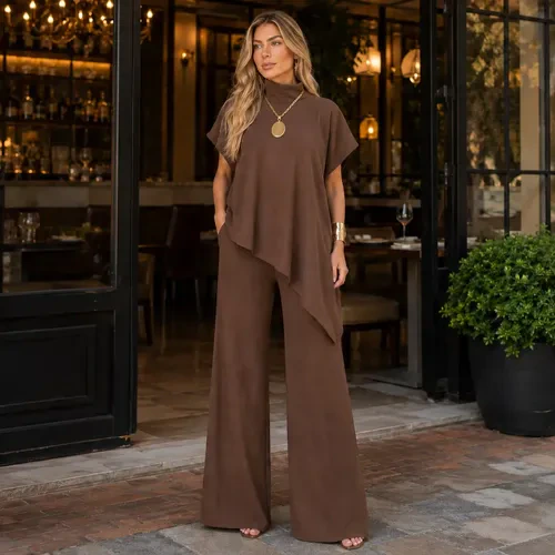 Conjunto Feminino Ana Ruga Pantalona Gola Alta Elegante